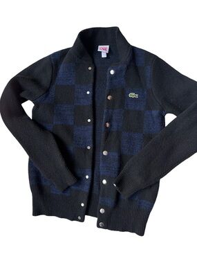 Lacoste Black & Navy Knit Cardigan with Checker Texture
